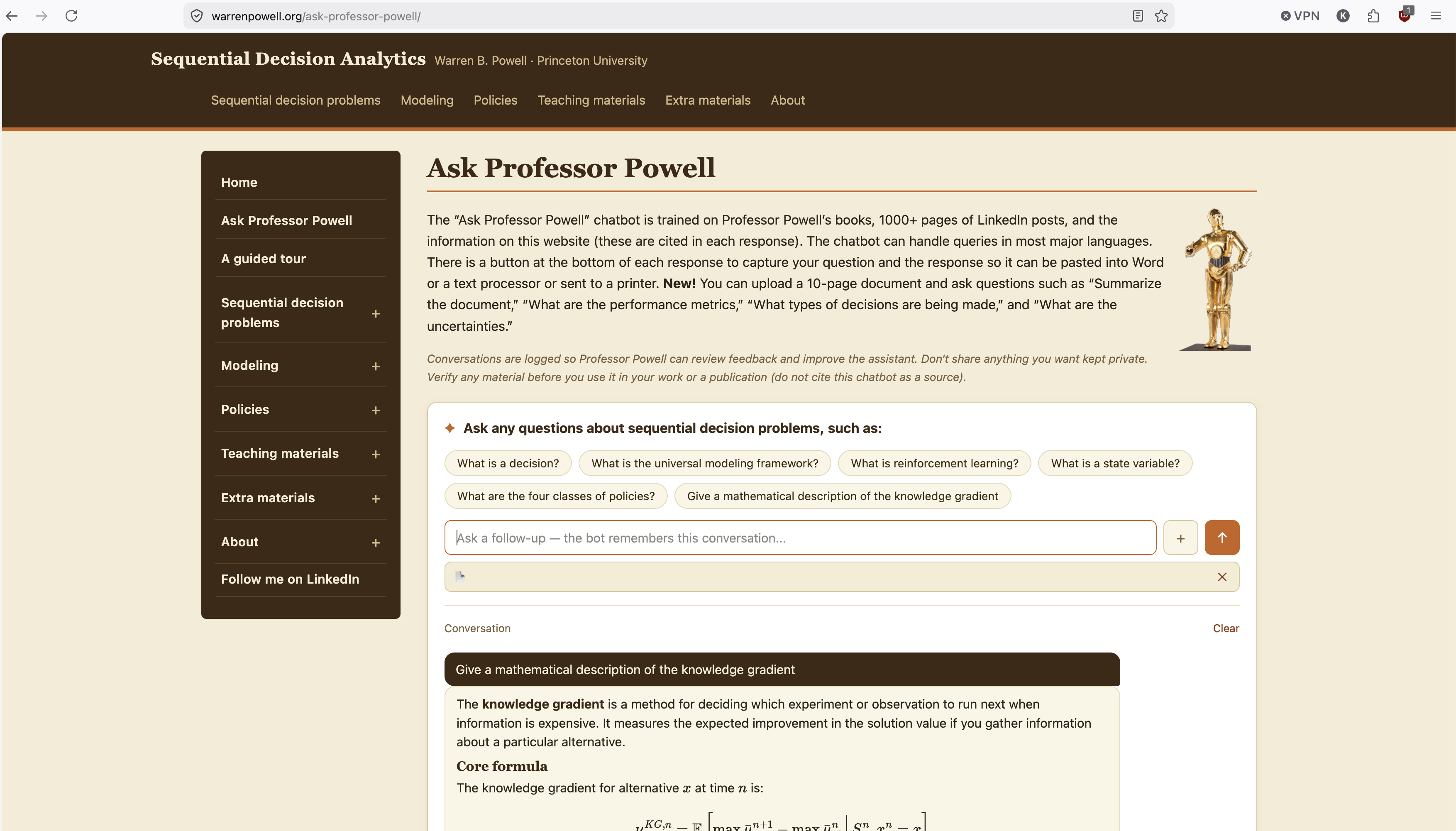 The Ask Professor Powell chatbot on warrenpowell.org